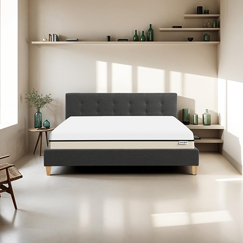 Ensemble lit 160x200 en tissu gris foncé Milo + Matelas Hybride à ressorts ensachés et mémoire de forme - Spring Elite