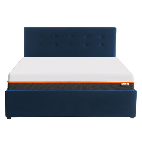 Ensemble lit coffre 140x190 en velours bleu foncé Tina + Matelas mousse gel à mémoire de forme, double confort - Dual Confort