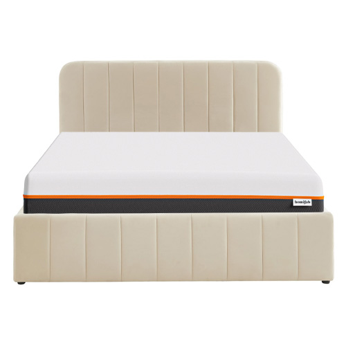 Ensemble lit coffre 140x190 en velours beige Ava + Matelas mousse gel à mémoire de forme, double confort - Dual Confort