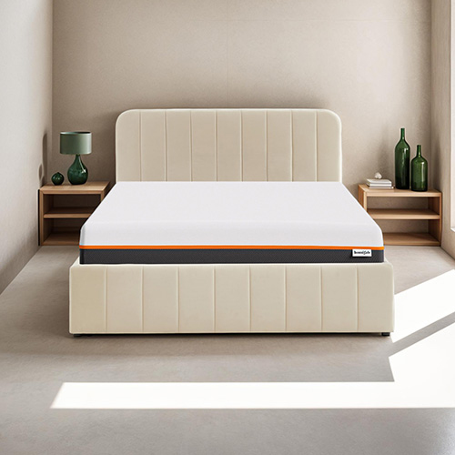 Ensemble lit coffre 140x190 en velours beige Ava + Matelas mousse gel à mémoire de forme, double confort - Dual Confort