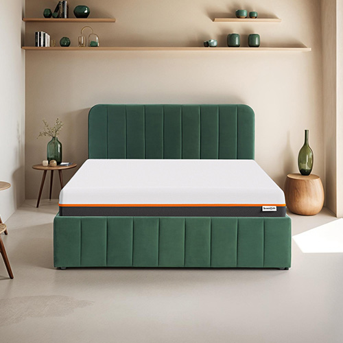 Ensemble lit coffre 140x190 en velours vert Ava + Matelas mousse gel à mémoire de forme, double confort - Dual Confort