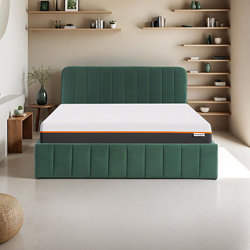 Ensemble lit coffre 160x200 en velours vert Ava + Matelas mousse gel à mémoire de forme, double confort - Dual Confort