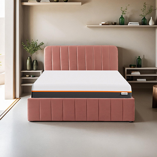 Ensemble lit coffre 160x200 en velours rose blush Ava + Matelas mousse gel à mémoire de forme, double confort - Dual Confort