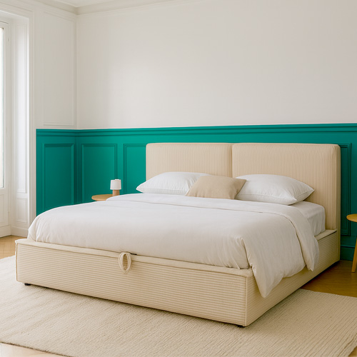 Lit coffre adulte 180x200 cm avec sommier et tête de lit matelassée en velours côtelé beige - Arno