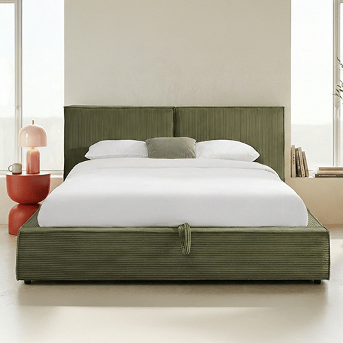 Lit coffre adulte 180x200 cm avec sommier et tête de lit matelassée en velours côtelé vert kaki - Arno