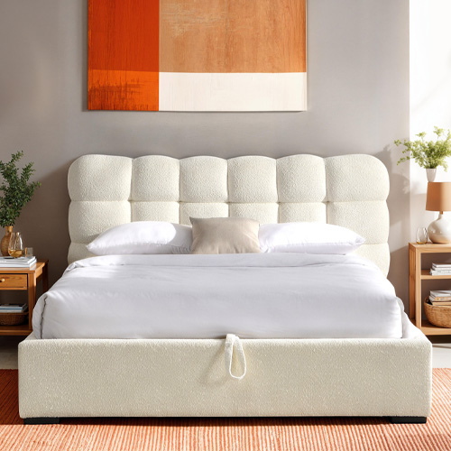 Lit coffre adulte 160x200 cm avec sommier et tête de lit capitonnée en tissu bouclé beige - Lola