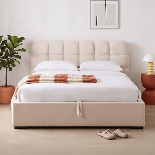 Lit coffre adulte 160x200 cm avec sommier et tête de lit capitonnée en velours beige - Lola