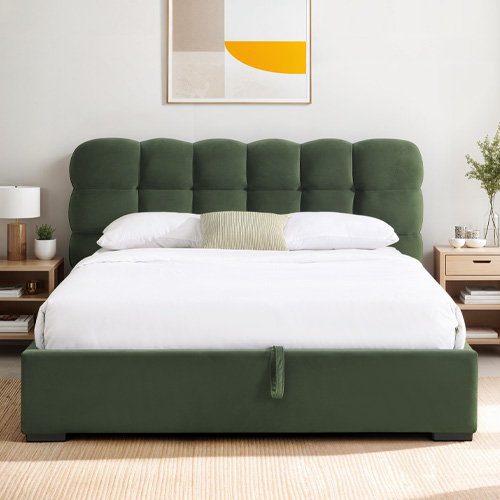 Lit coffre adulte 160x200 cm avec sommier et tête de lit capitonnée en velours vert kaki - Lola