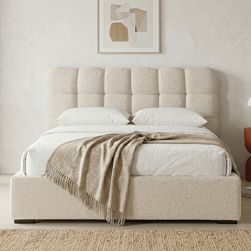 Lit coffre adulte 180x200 cm avec sommier et tête de lit capitonnée en tissu bouclé beige - Lola