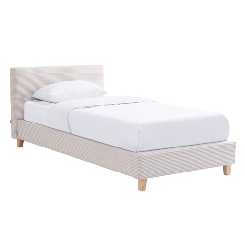 Lit adulte 90x190 cm avec tête de lit capitonnée en velours côtelé beige - Milo