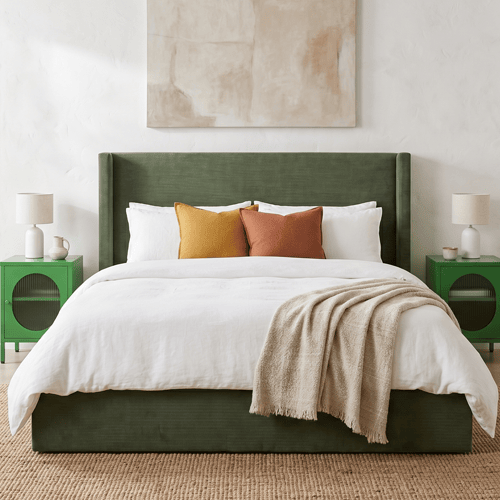 Lit adulte 140x190 cm avec tête de lit capitonnée en velours côtelé vert kaki - Frida