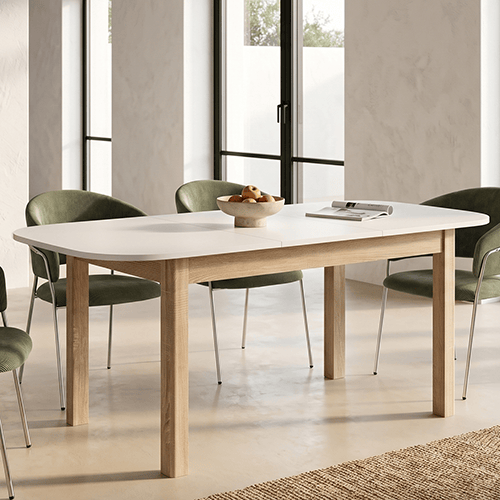 Table à manger extensible blanc/effet chêne 4/6 personnes 120/160 cm - Tori