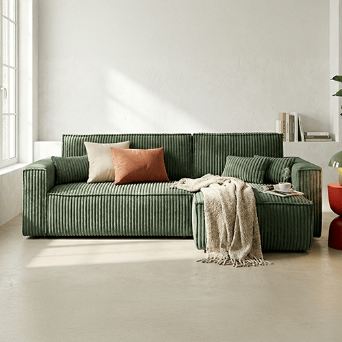 Canapé d'angle convertible réversible 4 places en velours gros côtelé vert foncé - Livia