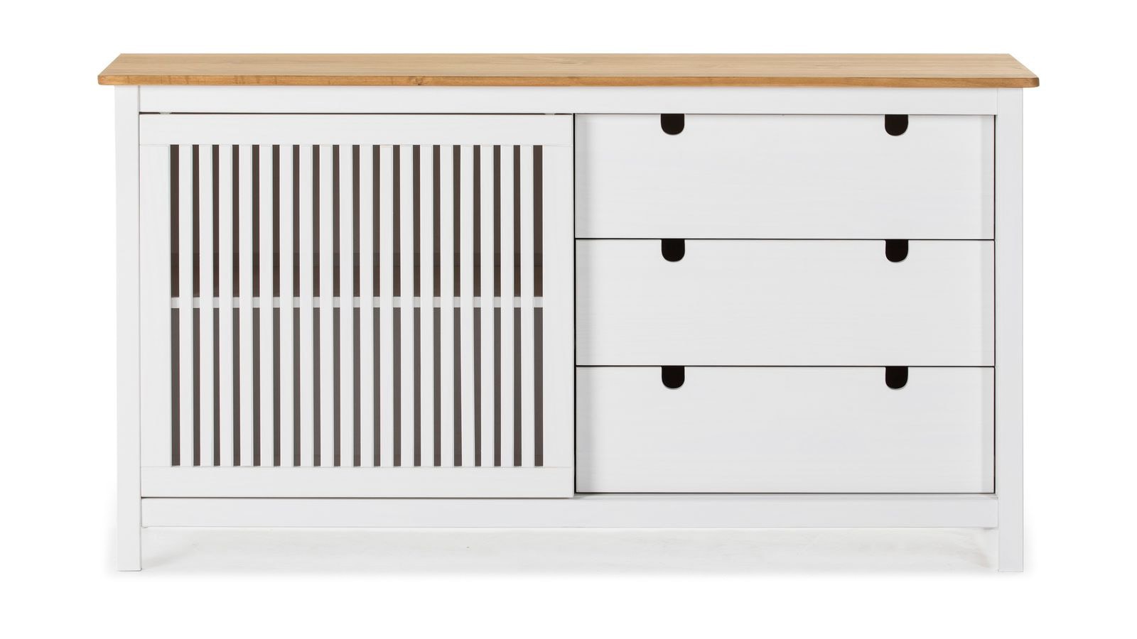 Buffet 1 porte coulissante 3 tiroirs en bois blanc 150 cm - Fabia