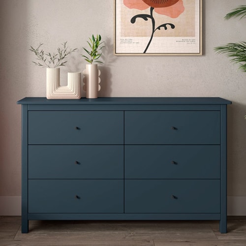 Commode 6 tiroirs en bois massif bleu foncé 130 cm - Macha