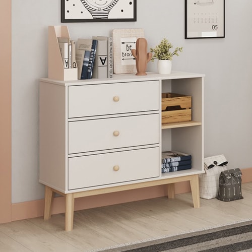 Commode enfant 3 tiroirs en bois blanc 90 cm - Elise