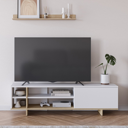 Meuble TV 1 porte blanc et décor chêne 160 cm - Alicia