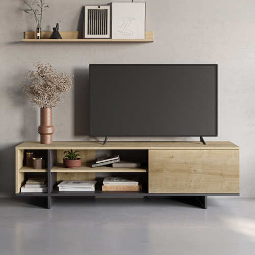 Meuble TV 1 porte décor chêne et noir 160 cm - Alicia