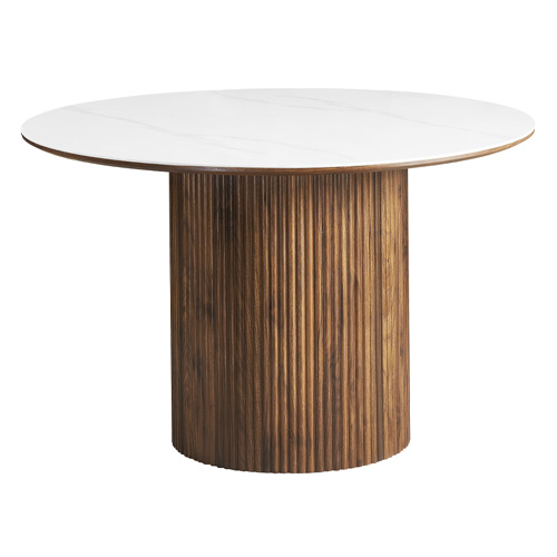 Table à manger ronde plateau en céramique effet marbre et piètement effet noyer 5 à 6 pers. 120 cm - Mira