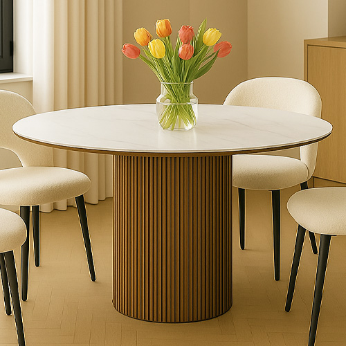Table à manger ronde plateau en céramique effet marbre et piètement effet noyer 5 à 6 pers. 120 cm - Mira