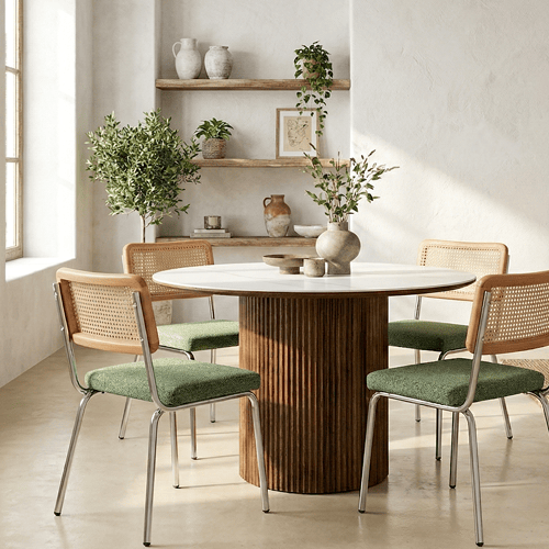 Table à manger ronde plateau en céramique effet marbre et piètement effet noyer 5 à 6 pers. 120 cm - Mira