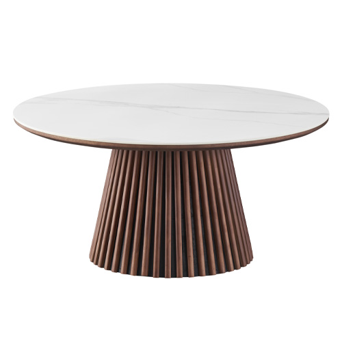 Table basse ronde plateau en céramique effet marbre et piètement effet noyer- 80 cm - Ada