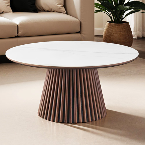 Table basse ronde plateau en céramique effet marbre et piètement effet noyer- 80 cm - Ada