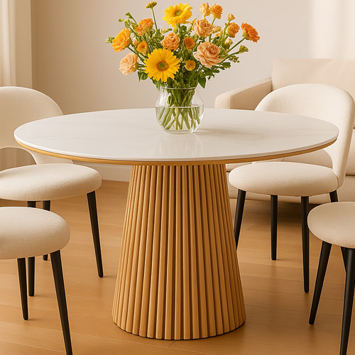 Table à manger ronde plateau en céramique effet marbre et piètement bois clair 5 à 6 pers. 120 cm - Ada