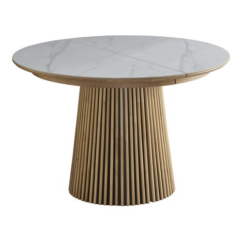 Table à manger ronde extensible plateau en céramique effet marbre et piètement bois clair 4 à 8 pers. 120/200 cm - Ada