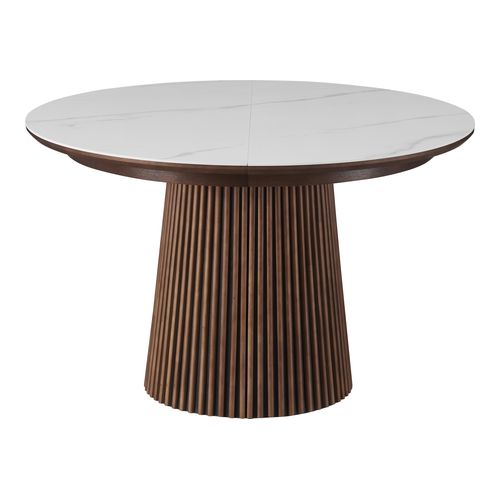 Table à manger ronde extensible plateau en céramique effet marbre et piètement en effet noyer 4 à 8 pers. 120/200 cm - Ada