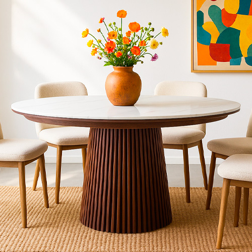 Table à manger ronde extensible plateau en céramique effet marbre et piètement en effet noyer 4 à 8 pers. 120/200 cm - Ada