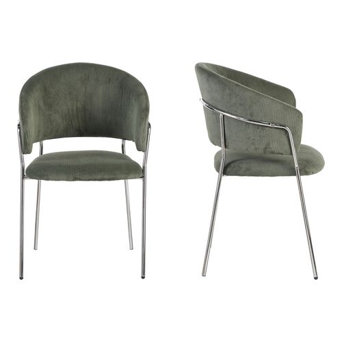 Lot de 2 chaises en velours côtelé vert kaki et piètement chromé - Isya