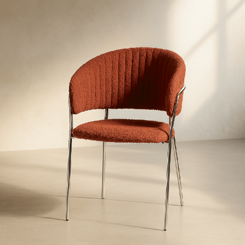 Lot de 2 chaises en tissu bouclé rouille et piètement chromé - Isya