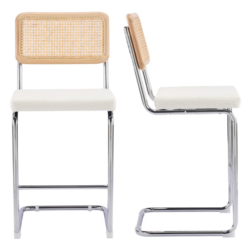 Lot de 2 tabourets de bar en tissu bouclé beige et cannage - Muse