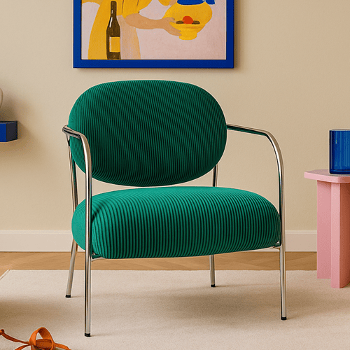 Fauteuil en velours côtelé vert électrique et piètement chromé - Léon
