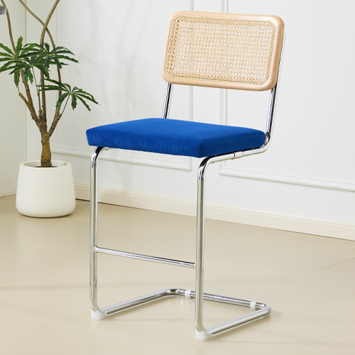 Lot de 2 tabourets de bar en velours côtelé bleu électrique et cannage - Muse