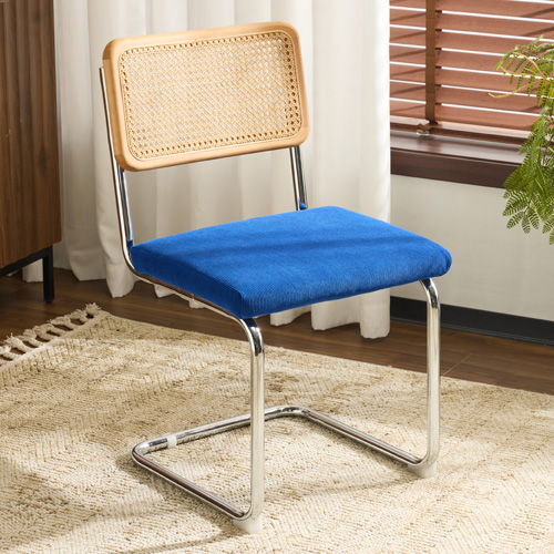 Lot de 2 chaises en cannage velours côtelé bleu électrique et métal chromé - Muse