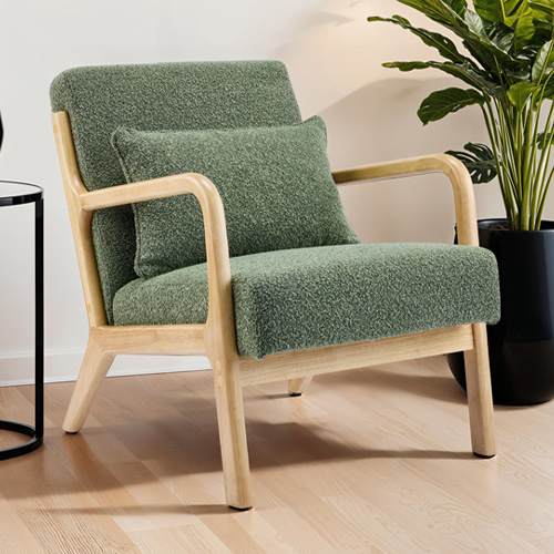 Fauteuil en bois et tissu bouclé vert - Lanna