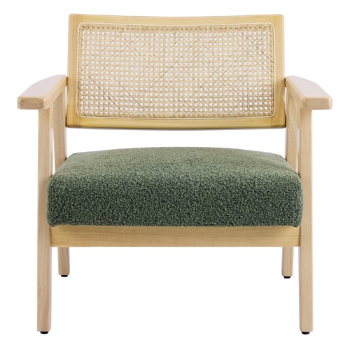 Fauteuil en tissu bouclé vert et cannage naturel - Tim