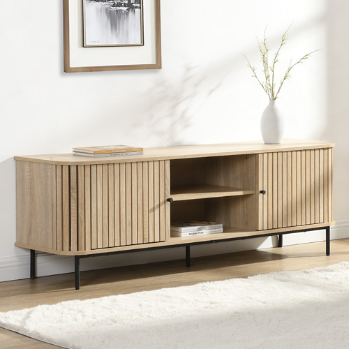 Meuble TV 2 portes rainurées couleur chêne L160xH55 cm - Solna