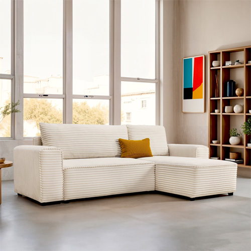 Canapé d'angle convertible réversible 3/4 places en velours gros côtelé beige - Farrow