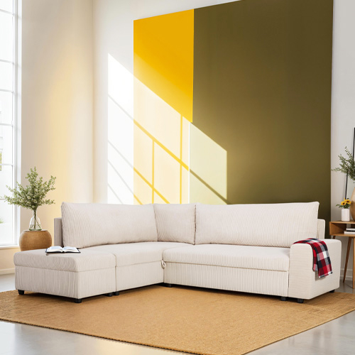 Canapé d'angle convertible réversible 4/5 places en velours côtelé beige - Malte