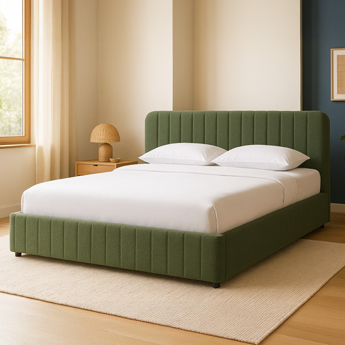 Lit coffre adulte 140x190 cm avec tête de lit capitonnée en tissu bouclé vert - Ava