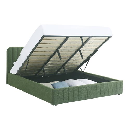 Lit coffre adulte 180x200 cm avec tête de lit capitonnée en tissu bouclé vert - Ava