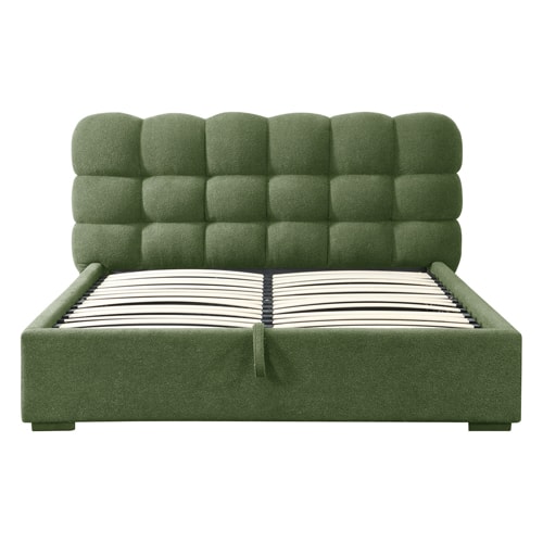 Lit coffre adulte 140x190 cm avec sommier et tête de lit capitonnée en tissu bouclé vert - Lola
