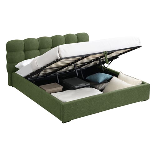 Lit coffre adulte 180x200 cm avec sommier et tête de lit capitonnée en tissu bouclé vert - Lola