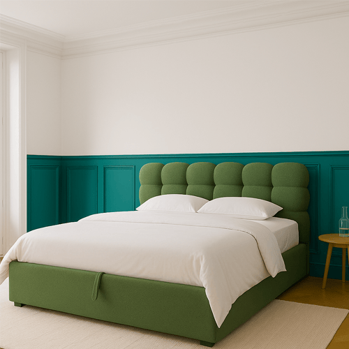 Lit coffre adulte 180x200 cm avec sommier et tête de lit capitonnée en tissu bouclé vert - Lola