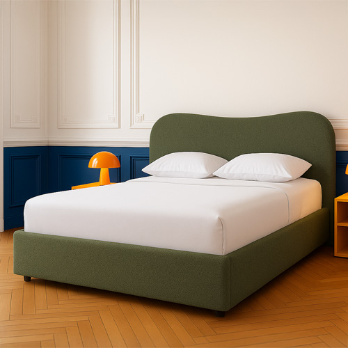 Lit coffre adulte 180x200 cm avec tête de lit matelassée en tissu bouclé vert - Suzon