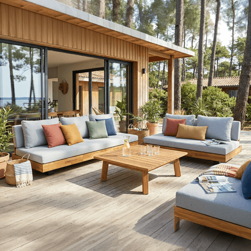 Salon de jardin 5 places en bois FSC - Coussins gris chine - Capri