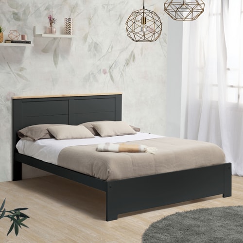 Lit adulte 160x200 cm avec tête de lit en bois gris anthracite - Nevea